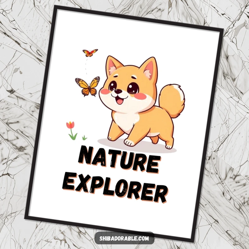 Funny Shiba Inu Poster: A curious Shiba Inu with wide, innocent eyes joyfully pursues a butterfly, a delightful and humorous illustration.