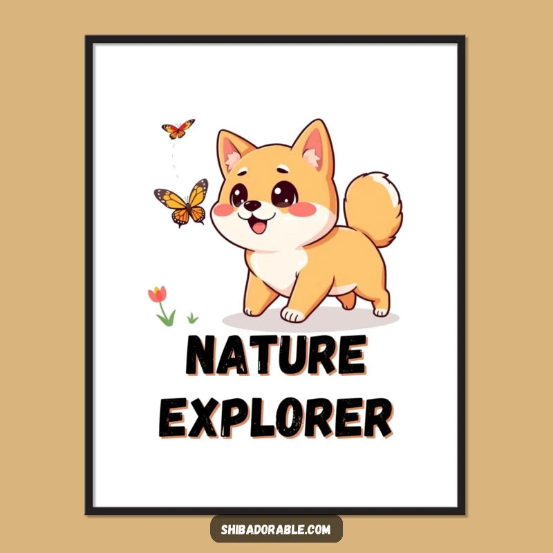 Funny Shiba Inu Poster: Whimsical Wall Art of a Curious Dog Chasing a Butterfly
