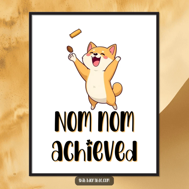 Funny Shiba Inu dog captured mid-leap, successfully catching a flying treat, presented as a vibrant poster.