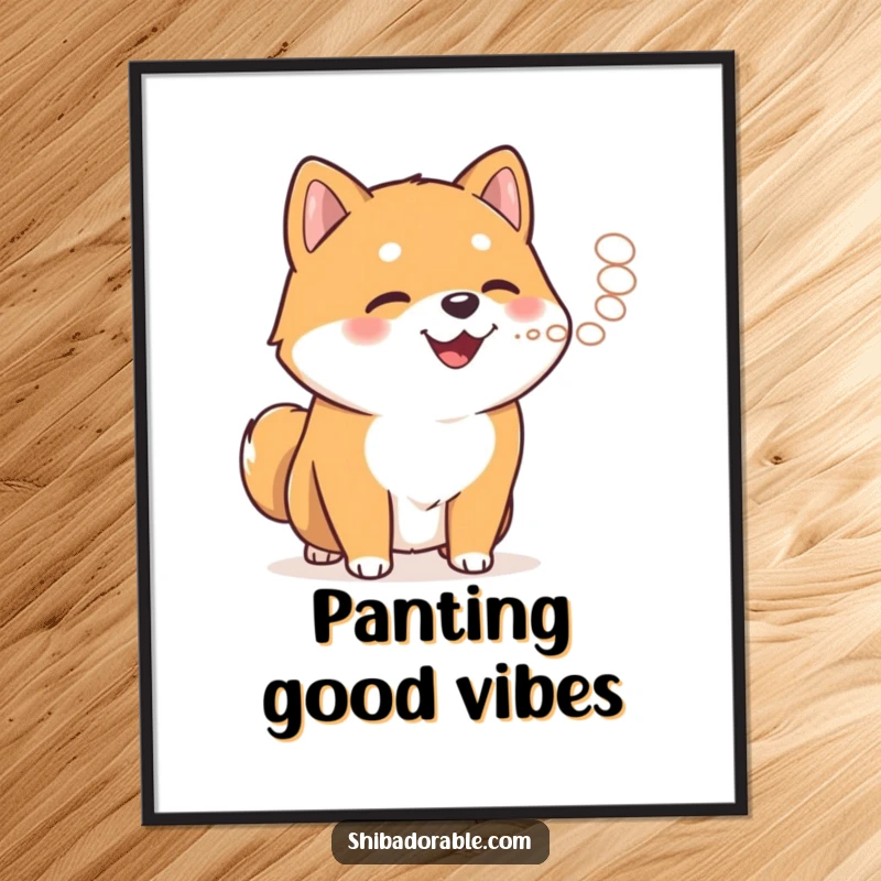 Funny happy Shiba Inu exhaling a puff of steam, presented as a charming and humorous poster for wall art.