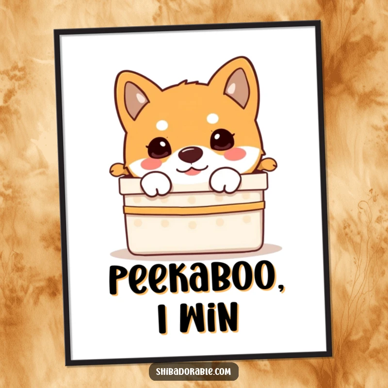 Funny Shiba Inu puppy peeking curiously from a gift box, presented as a vibrant poster.