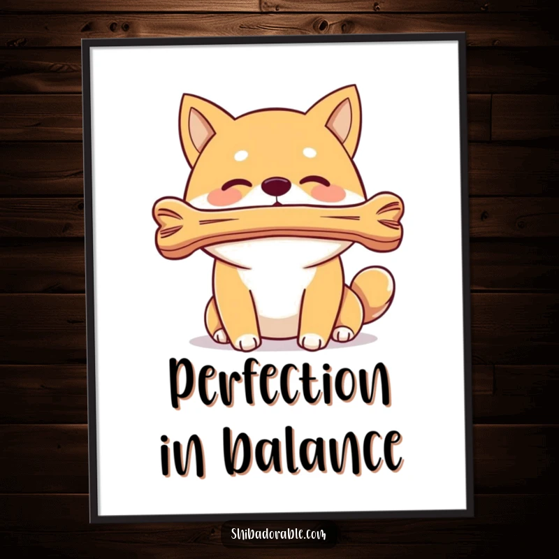 Funny, impressive poster of a Shiba Inu dog balancing a bone on its nose, perfect for displaying canine skill and humor.