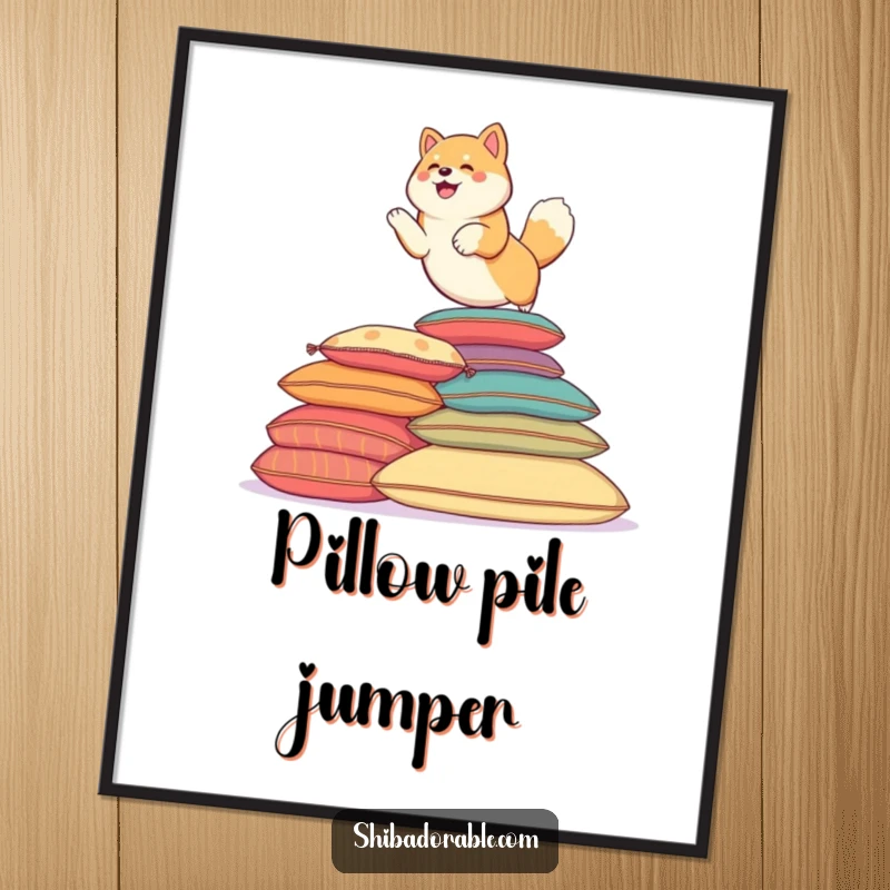 Funny Shiba Inu dog mid-leap over a stack of colorful cushions. A dynamic poster.