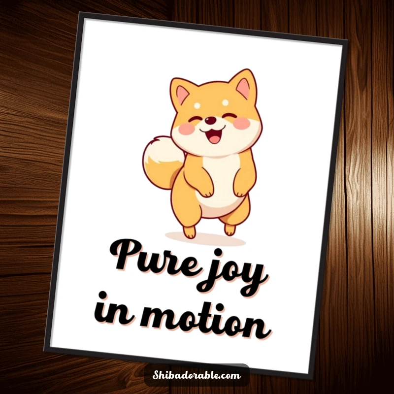 Funny poster art of a happy Shiba Inu spinning energetically in a circle, its tail a blur of joyful motion.