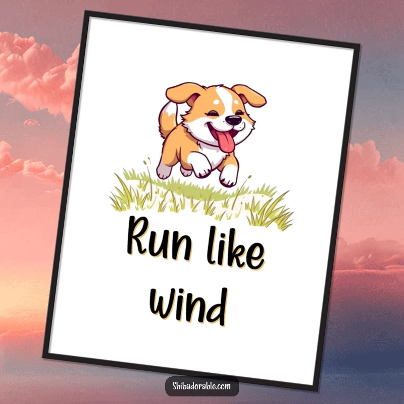 Funny dog poster depicting a dog racing at full speed across a grassy field, legs pumping, tongue out in happy exertion.