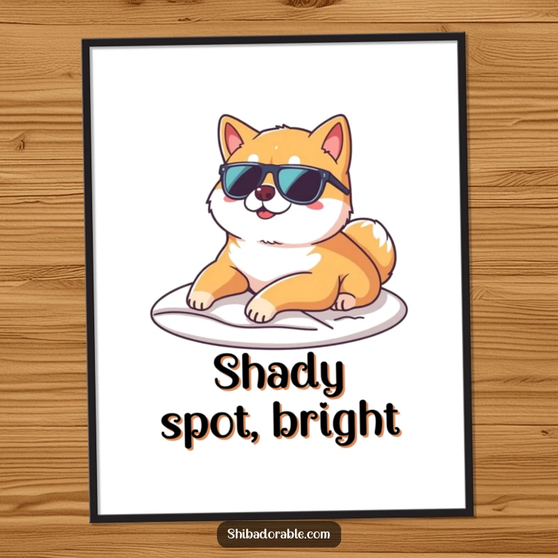 Funny Shiba Inu wearing sunglasses and lounging on a sunbeam, presented as a cool and humorous poster for wall art.