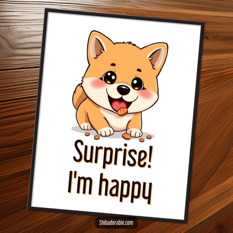 Funny poster showcasing a Shiba Inu with big, surprised eyes, delightedly finding a hidden treat, full of comical joy.