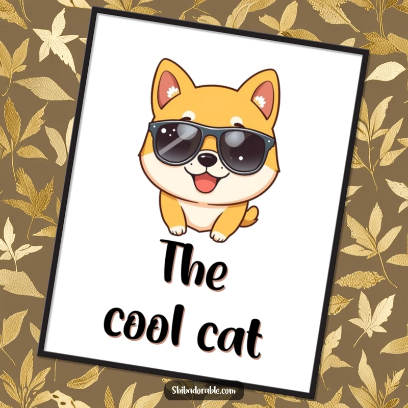 Funny Shiba Inu dog wearing sunglasses and winking playfully, depicted in a stylish poster for cool and humorous wall decor.