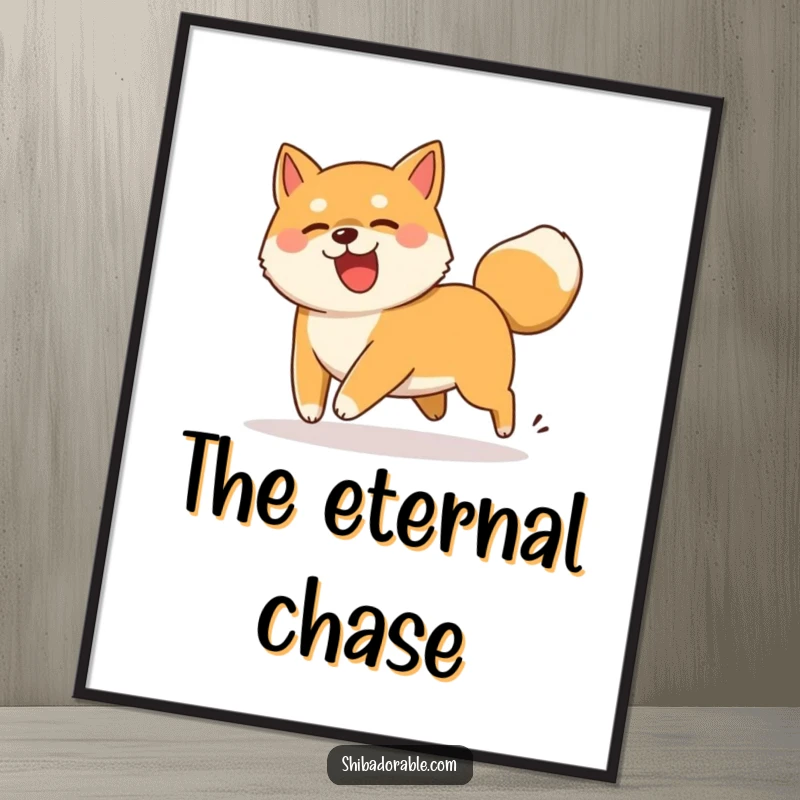 Funny Shiba Inu dog comically chasing its wagging tail, a vibrant and humorous wall art piece.