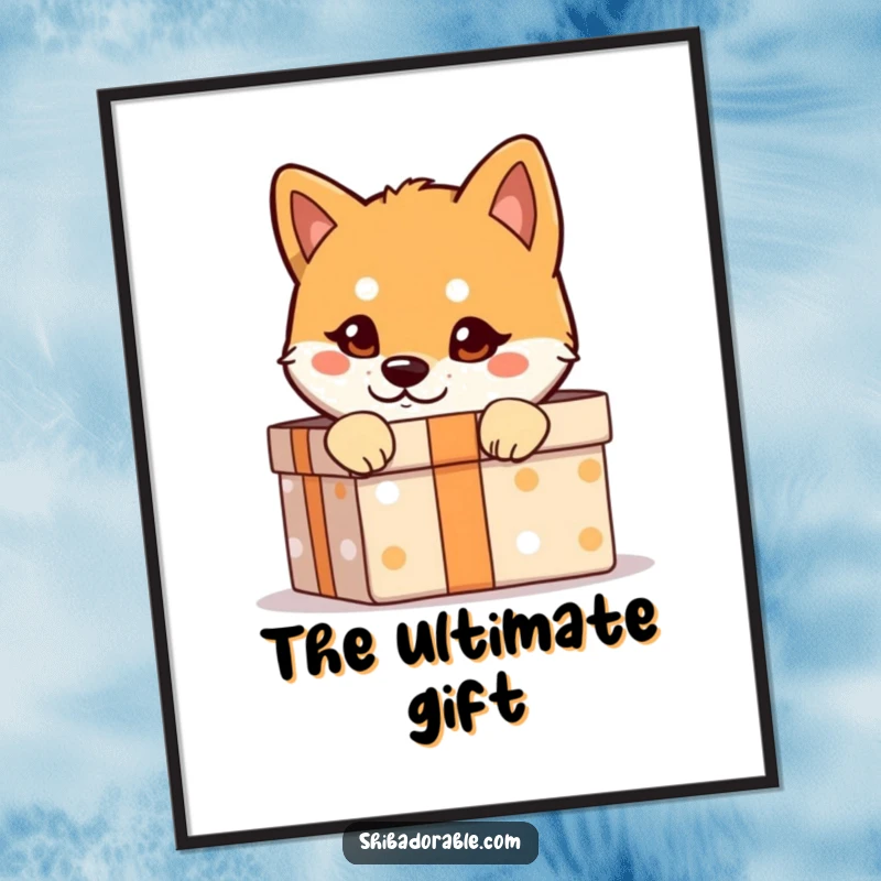 Funny Shiba Inu Poster: A Shiba Inu with a mischievous glint peeks from a gift box, a delightful and humorous illustration.