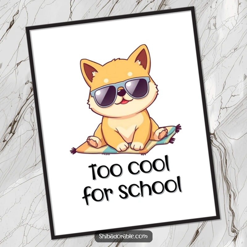 Funny Kawaii Shiba Inu puppy in oversized sunglasses lounging on a beach towel, radiating ultimate relaxation and beachy charm on a poster.