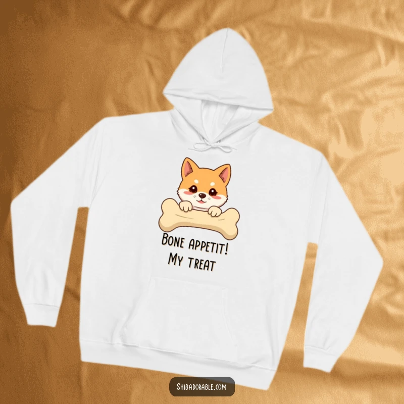 Funny Shiba Inu hoodie featuring a floppy-eared dog peeking over a giant bone, designed for warmth and amusement.