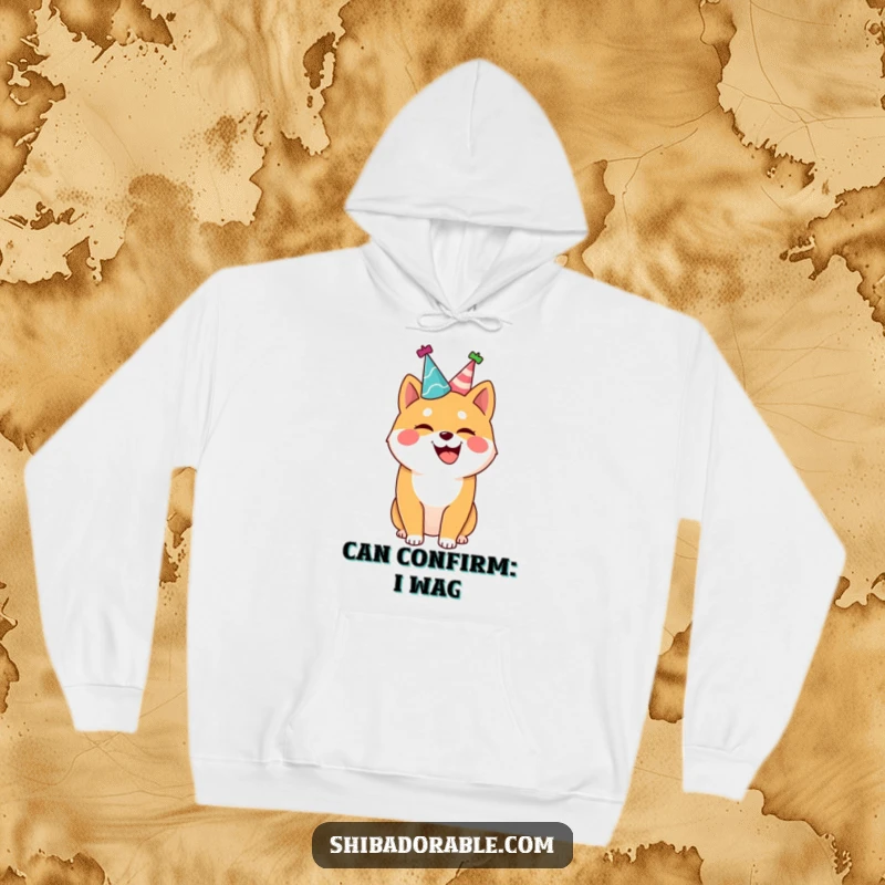 Funny Shiba Inu hoodie, a joyful dog wearing a party hat, wagging tail, cozy and hilarious apparel, great gift.