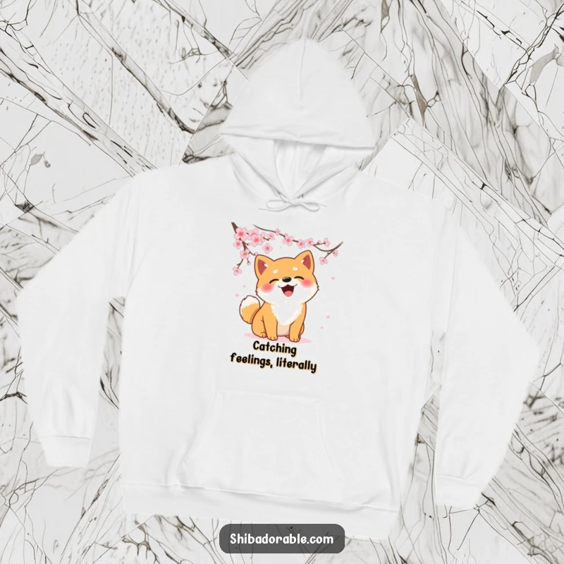 Funny Shiba Inu hoodie illustrating a dog's funny attempt to catch falling cherry blossoms, combining warmth and whimsy.