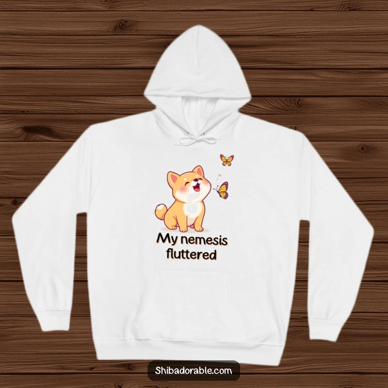 Funny Kawaii Shiba Inu puppy enthusiastically barking at a fluttering butterfly, a cozy hoodie perfect for capturing playful moments.