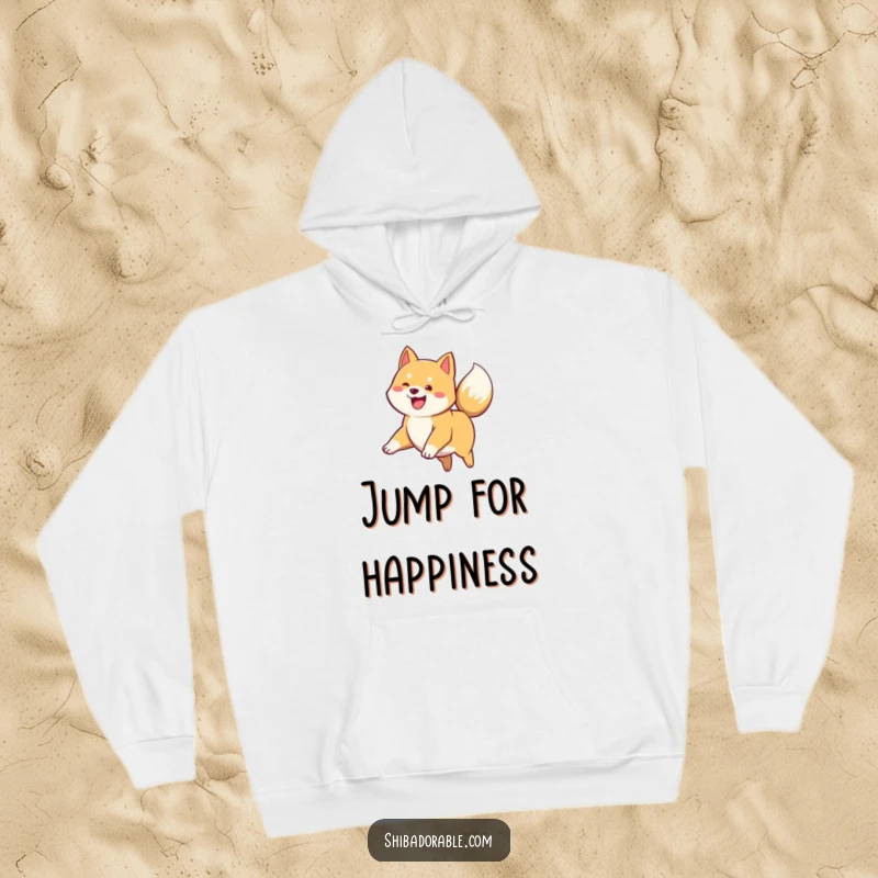 Funny Shiba Inu Hoodie: An energetic Shiba Inu puppy leaps with joy, its tail a blur of ecstatic wagging.