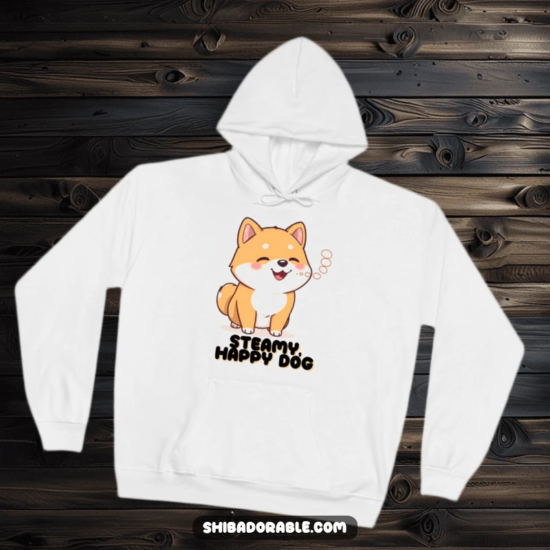 Funny happy Shiba Inu exhaling steam on a cozy hoodie, ideal for staying warm and showing off dog love.