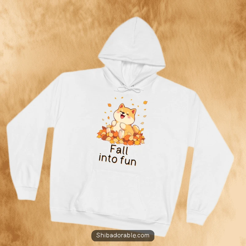 Funny Shiba Inu Hoodie: A Shiba Inu joyfully rolls in a heap of autumnal leaves, embodying cozy seasonal fun.