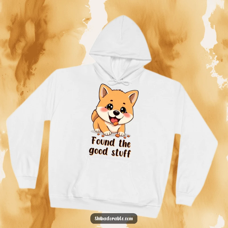 Funny hoodie featuring a delighted Shiba Inu with wide, expressive eyes, caught in the act of discovering a hidden treat.