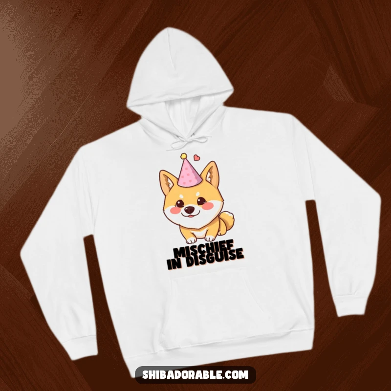Funny Shiba Inu hoodie showing a dog wearing a tiny party hat and looking mischievous, perfect for cozy fun.