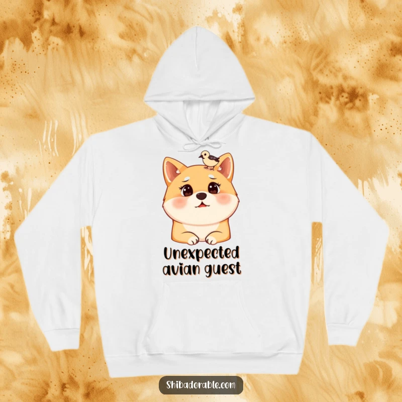 Funny hoodie showing a surprised Shiba Inu dog with a small bird landing on its head, perfect for cozy humor and dog enthusiasts.