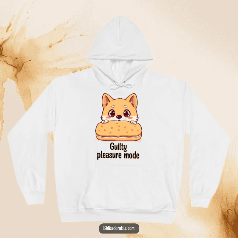 Funny Shiba Inu dog with wide surprised eyes peeking over a giant biscuit, a warm and humorous hooded sweatshirt.