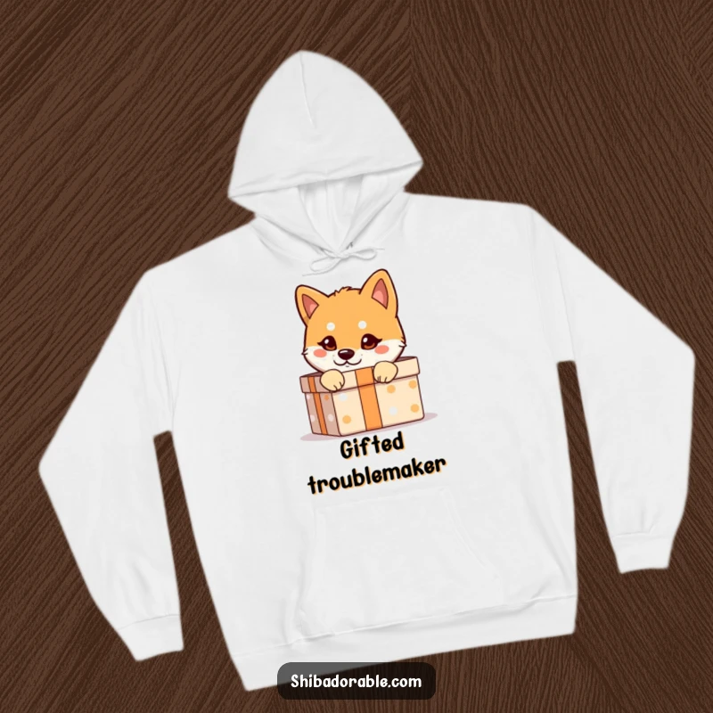 Funny Shiba Inu Hoodie: A Shiba Inu with a mischievous glint peeks from a gift box, a humorous and cozy design.