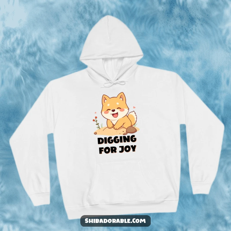 Funny Shiba Inu Hoodie: A Shiba Inu happily digs in the dirt, searching for imaginary treasure, a humorous and cozy design.