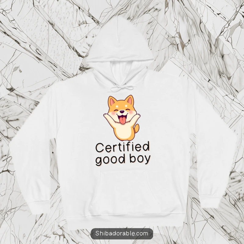 Funny Shiba Inu dog leaping with tongue out, ears flopping joyfully, a warm and humorous hooded sweatshirt.