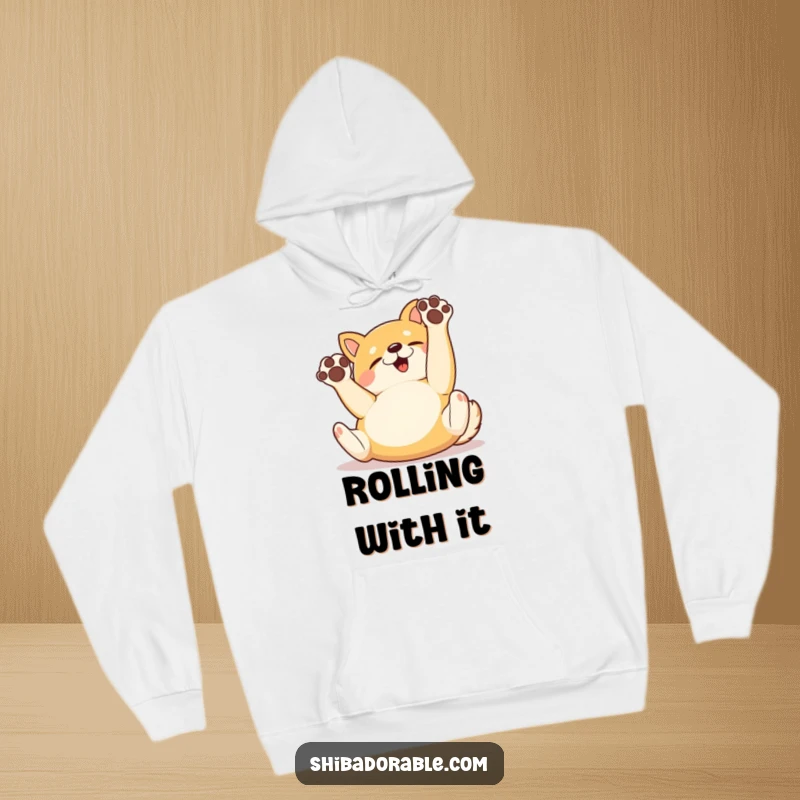 Funny Hoodie featuring a happy Shiba Inu dog rolling on its back with paws in the air, combining comfort and humor.
