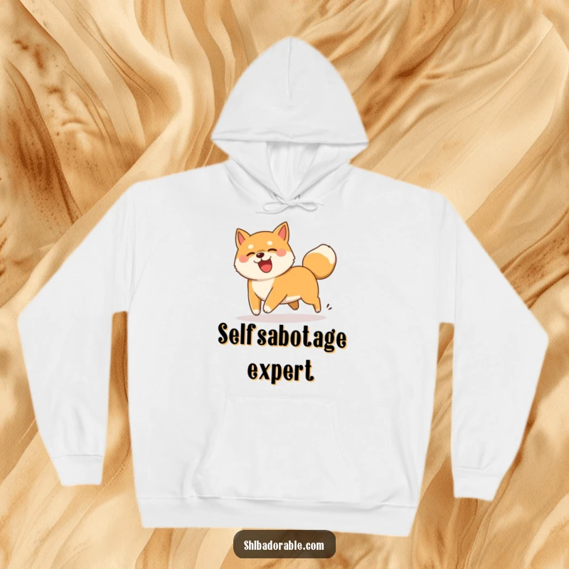 Funny Shiba Inu dog comically chasing its wagging tail, a warm and humorous hooded sweatshirt for fans.