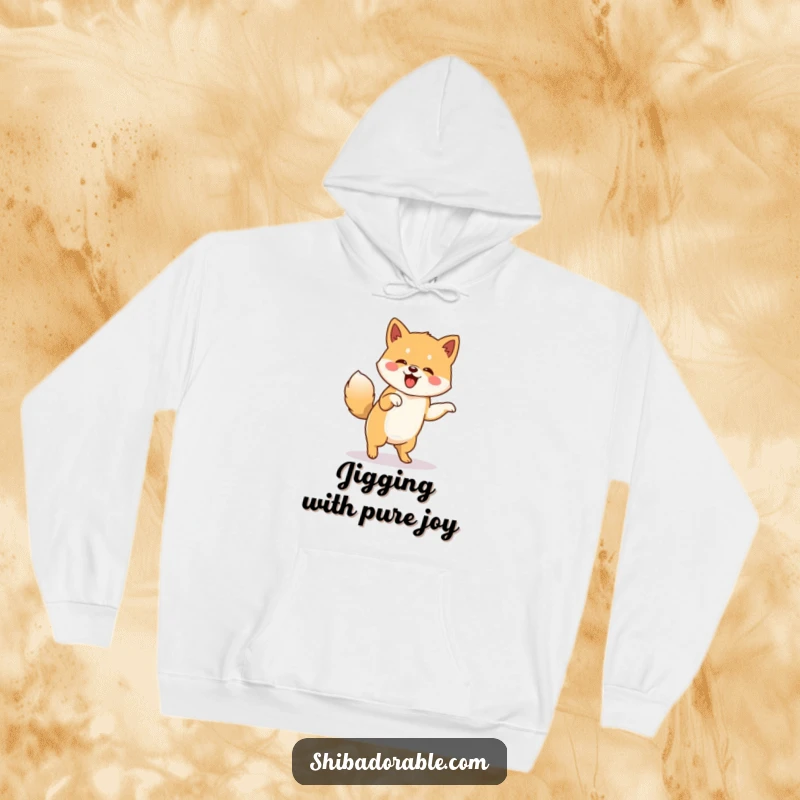 Funny hoodie featuring a happy Shiba Inu doing a lively jig, its tail a blur of furious wagging, full of infectious enthusiasm.