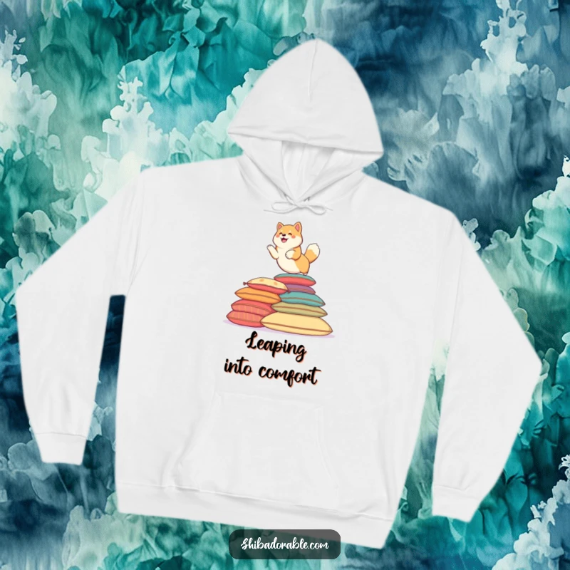 Funny Shiba Inu dog playfully leaping over colorful cushions. A soft hoodie.
