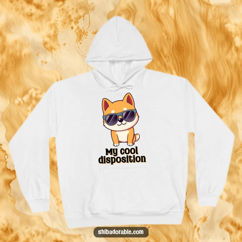 Funny Shiba Inu dog wearing oversized sunglasses, striking a super cool pose. A warm hoodie.