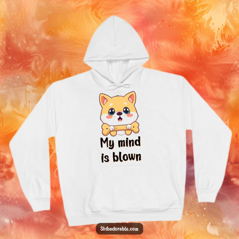 Funny surprised Shiba Inu hoodie showing a dog with wide eyes looking at a floating bone, offering cozy humor.
