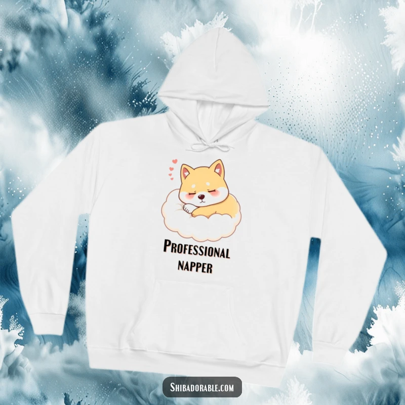Funny Shiba Inu Cloud Hoodie showing a peaceful, sleepy Shiba Inu dog resting comfortably atop a whimsical, soft cloud.