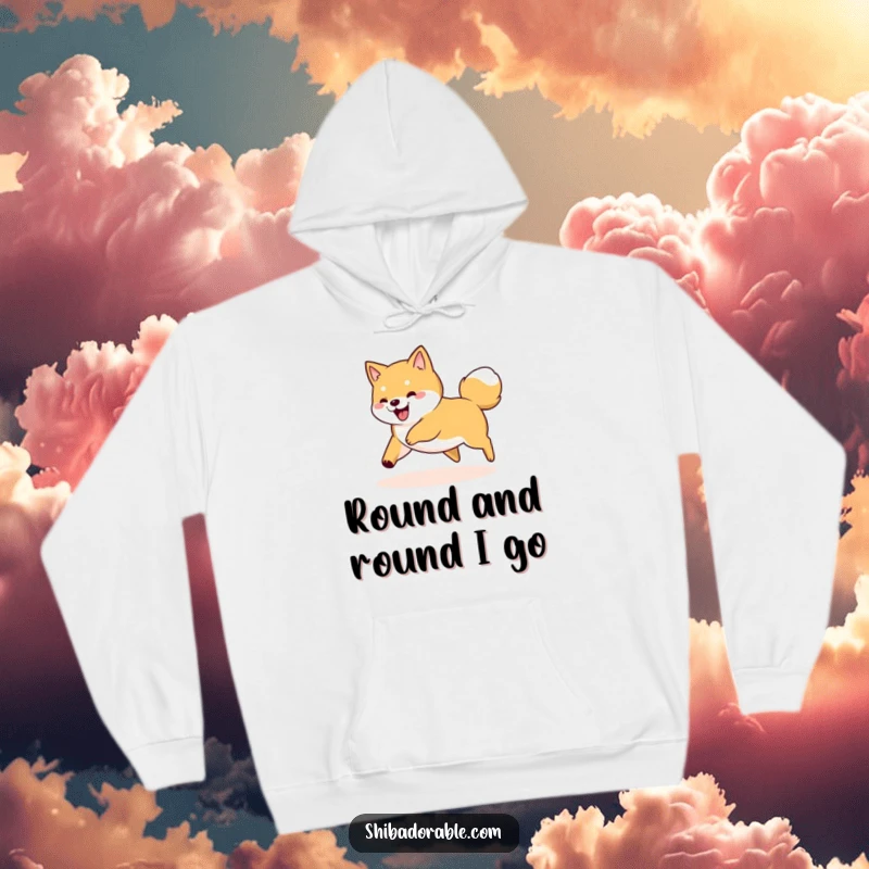 Funny Shiba Inu dog spinning in a circle, chasing its tail, printed on a soft and warm hoodie.
