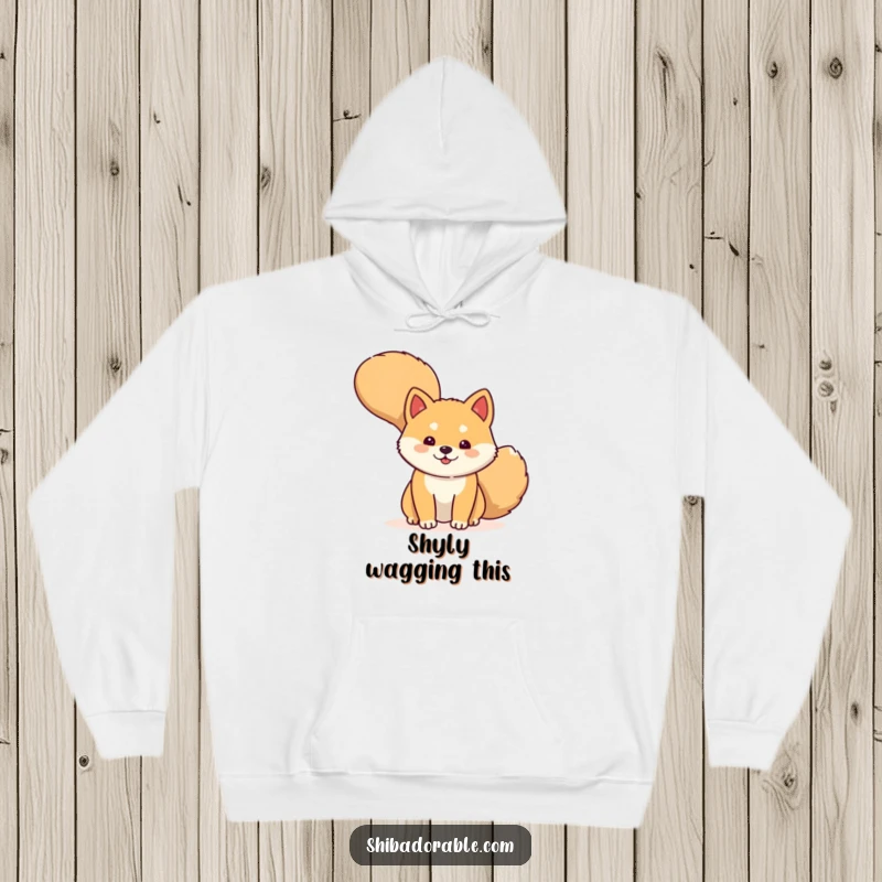 Funny Hoodie featuring a shy Shiba Inu dog peeking from behind its wagging tail, combining comfort and humor.
