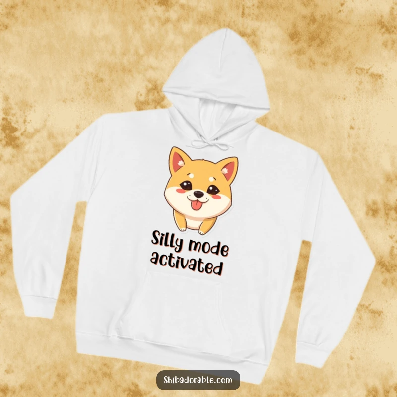 Funny Hoodie featuring a Shiba Inu dog with a silly expression and tongue slightly out, combining comfort and humor.