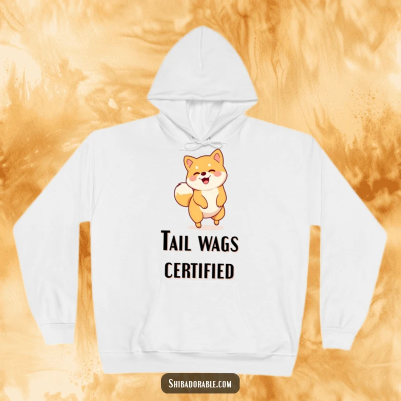 Funny hoodie showcasing a happy Shiba Inu spinning in a circle, its tail a blur of motion, radiating pure joy.