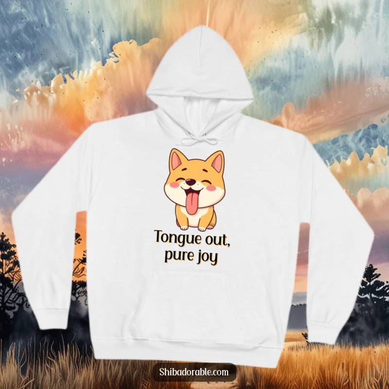 Funny Shiba Inu Hoodie: A Shiba Inu happily pants with its tongue lolling out, a humorous and cozy design.