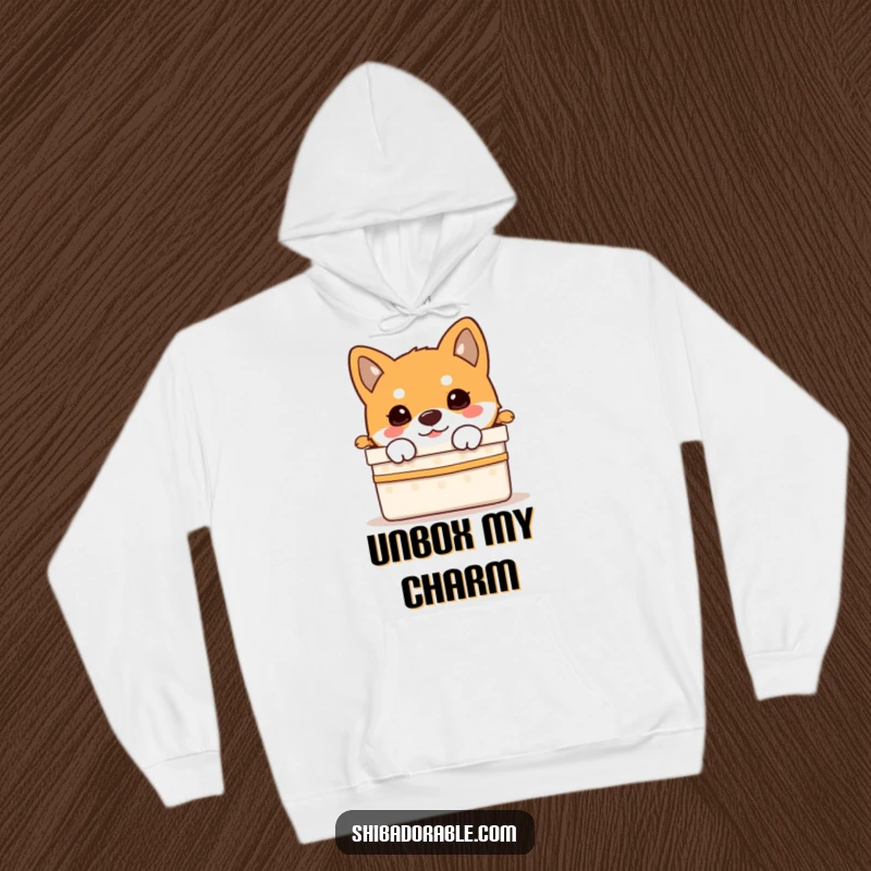 Funny Shiba Inu puppy peeking from a gift box, printed on a soft and warm hoodie.