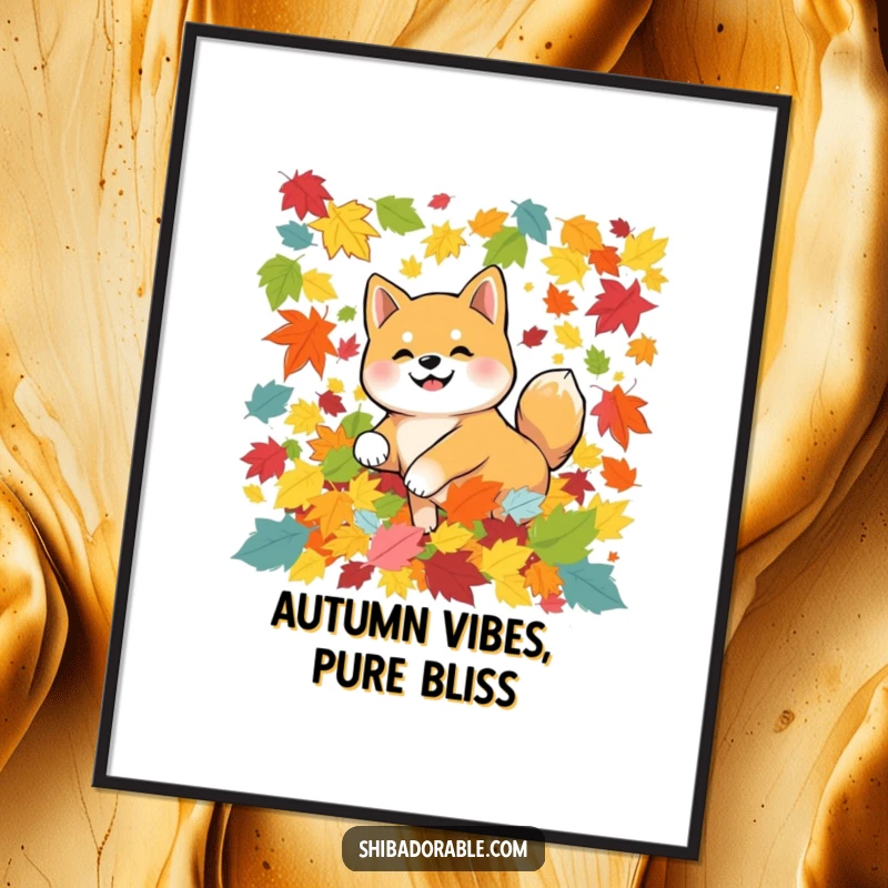 Funny Free Printable Wall Art: Shiba Inu dog gleefully tumbles in a pile of vibrant autumn leaves.