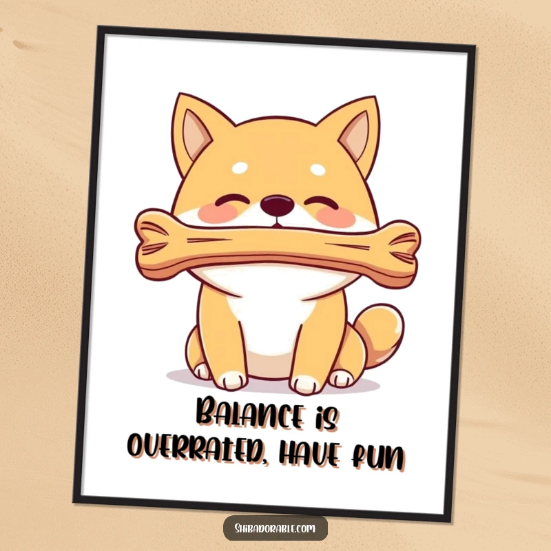 Funny Free Printable Wall Art: A Shiba Inu dog balancing a bone on its nose with impressive focus.