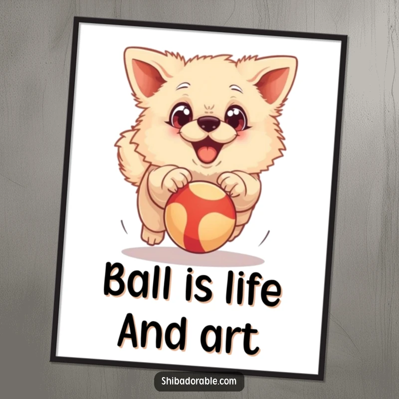 Funny Free Printable Wall Art: Fluffy dog with incredibly large, wide eyes, joyfully chasing a red bouncing ball in motion.
