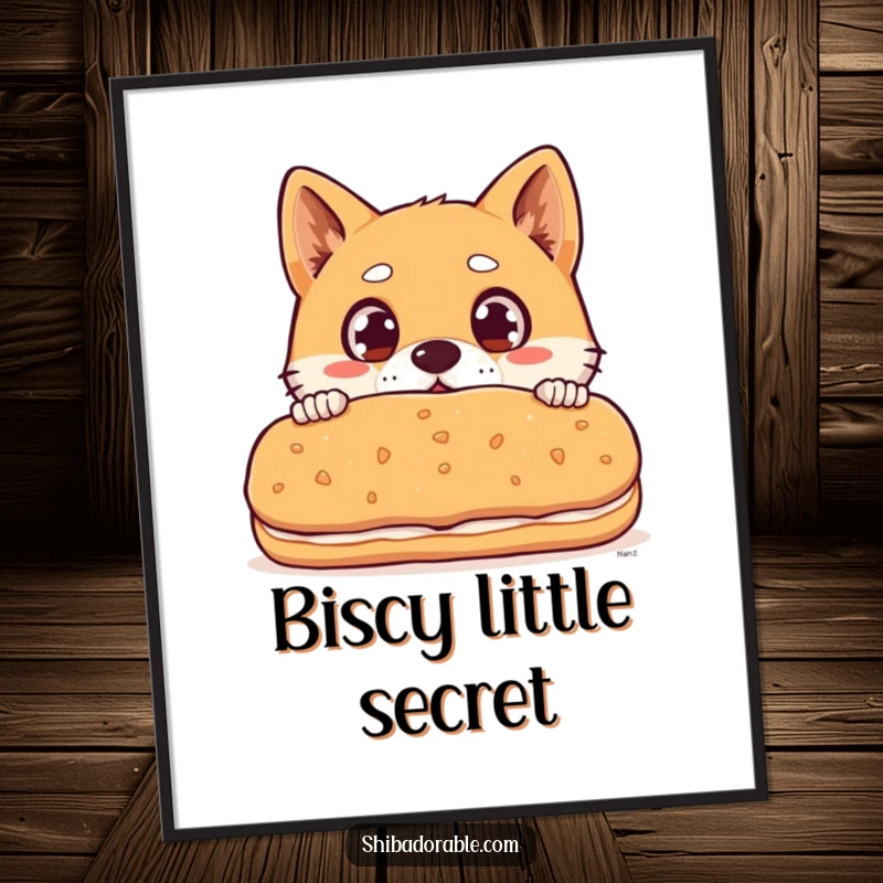 Funny Free Printable Wall Art of a Shiba Inu dog with wide surprised eyes peeking greedily over a giant biscuit.
