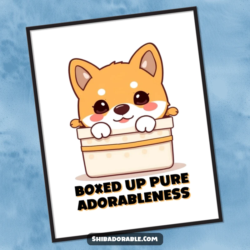 Funny Free Printable Wall Art: A curious Shiba Inu puppy peeking out from an open, colorful gift box.