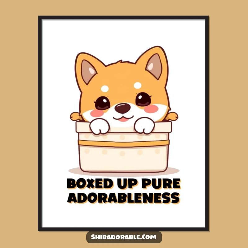 Free Printable Wall Art: Curious Shiba Puppy in Gift Box for Humorous Downloadable Decor Gift