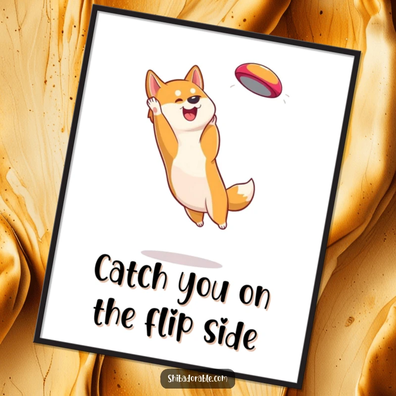 Funny Free Printable Wall Art: A Shiba Inu dog in mid-air, expertly catching a bright frisbee, showcasing pure excitement.