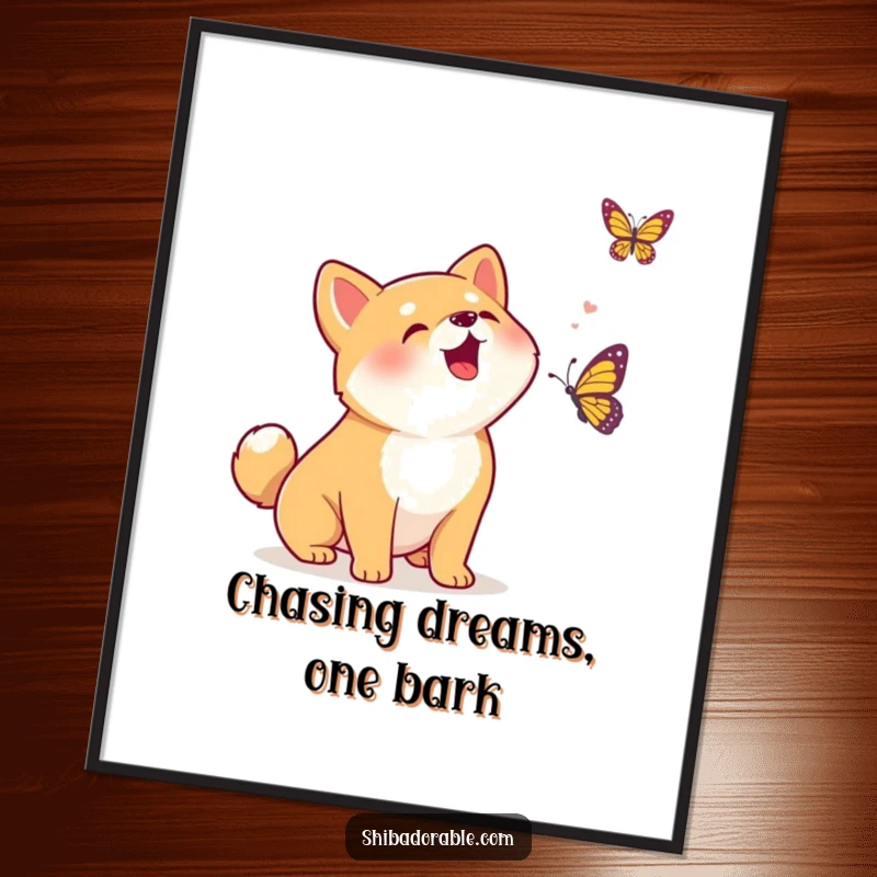 Funny Free Printable Wall Art: Kawaii Shiba Inu puppy excitedly barking at a fluttering butterfly in a playful chase.